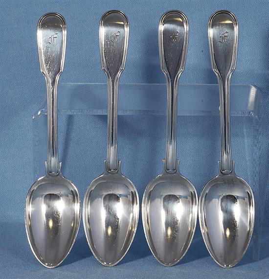 A set of four early Victorian silver fiddle and thread pattern dessert spoons, Length 175 mm, weight 8.8oz/275 grms